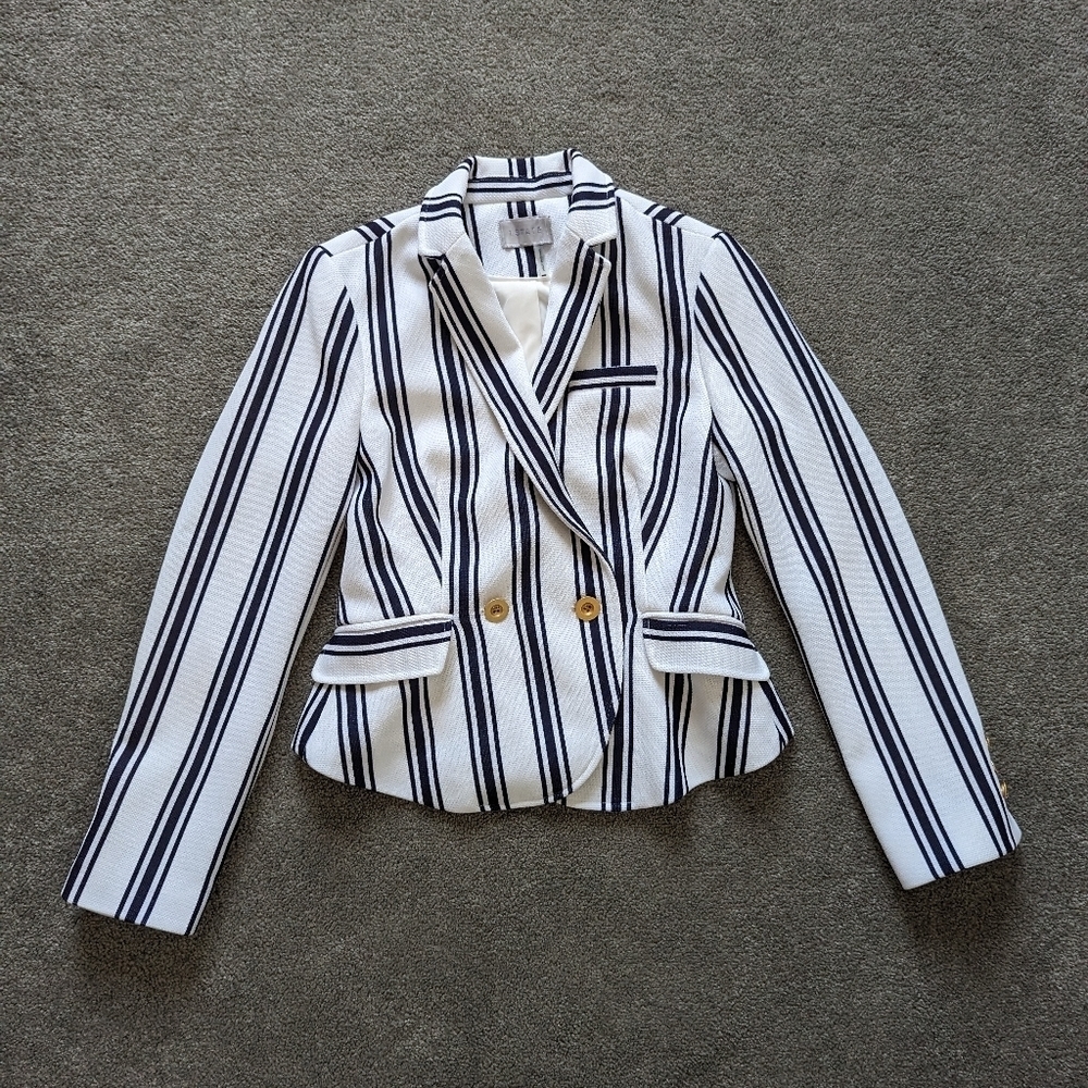 1. State Women Construct Stripe Textured White Blue Jacket Gold Buttons Medium